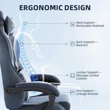 Геймерське крісло Ferghana Ergonomischer з підголівником та підтримкою спини, сталево-синій, для роботи та ігор, тканинне, високої якості