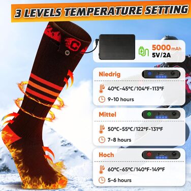 Гріючі шкарпетки COZII для жінок та чоловіків, 5V, 5000 mAh, акумулятор, 65°C, для зими, кемпінгу, полювання, катання на лижах, їзди на конях, смугасті