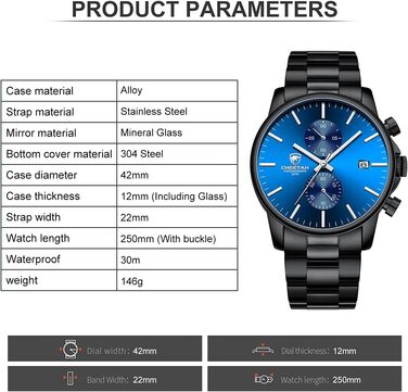 Чоловічий годинник-хронограф з нержавіючої сталі та металу, водонепроникний, з авто-датою, кольорові стрілки (чорно-синій)