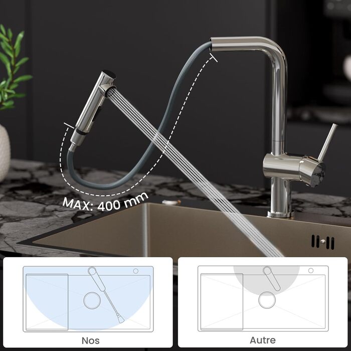 Кран кухонний CECIPA X203B чорний з висувною лійкою, 360° обертання, двома режимами струменя, з нержавіючої сталі