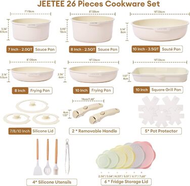 JEETEE Cookware Set, 4-Piece, 20/28 cm Frying Pan, With Detachable Handle, Granit Ceramic Non-Stick Cookware Set, Stackable Induction Pots Set, Suitable for All Cooktops, Oven Safe