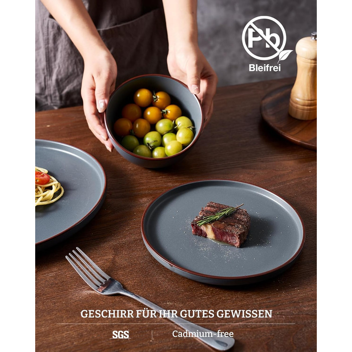 Набір посуду Mercury, 12 предметів: тарілки, супові миски, десертні тарілки, для 4 осіб, з каменю, мікрохвильова піч та посудомийна машина, сірий колір