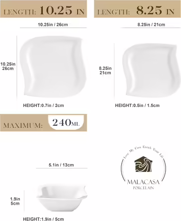 MALACASA, Elvira Series, 18-Piece Cream White Porcelain Dinnerware Set Table Service Combination Service with 6 Dinner Plates, 6 Dessert Plates, 6 Cereal Bowls each, Dinnerware Set for 6 People Elvira - Cream White 18 Pieces