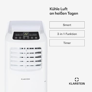 Мобільний кондиціонер Klarstein з випускним шлангом, 3-в-1: кондиціонер, вентилятор та осушувач повітря, компактний та портативний для дому та офісу, нічний режим, 7000 BTU, низьке енергоспоживання, білий