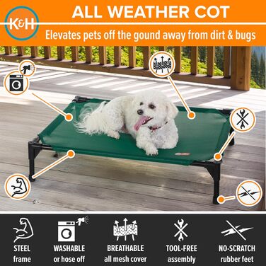 K&H Pet Products Elevated Outdoor Dog Bed, Breathable, Cooling, Elevated Cot Bed, Hammock for Large Dogs, Washable Mesh Cover, Elevated Metal Frame, Collapsible, (Green Mesh Fabric for All Seasons)