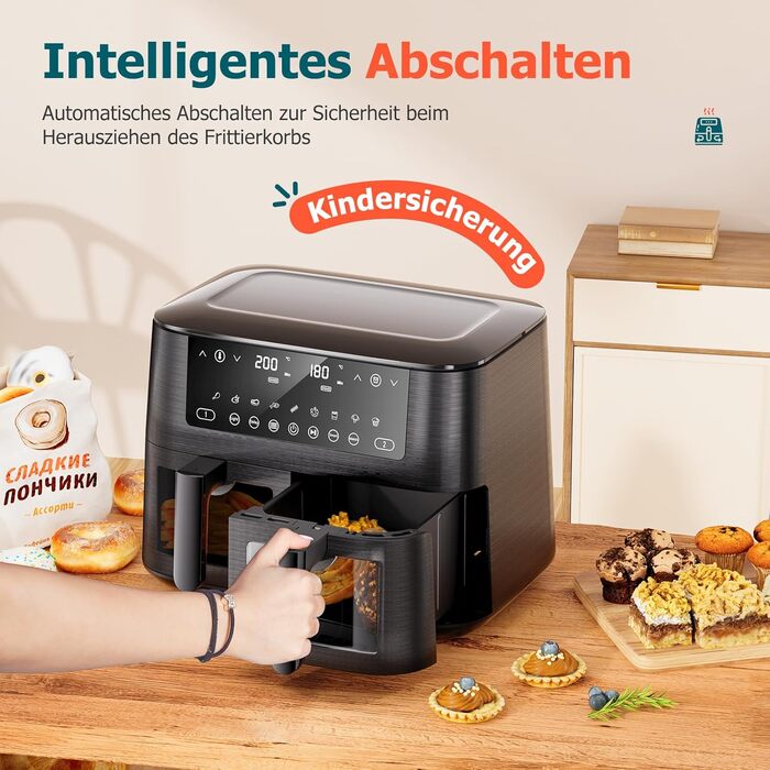 Дво-зонна аерофритюрниця з оглядовим вікном, 9 л XL, подвійний Airfryer, 2 кошики, 9-в-1, сенсорний екран, розумний таймер, для здорового приготування без олії