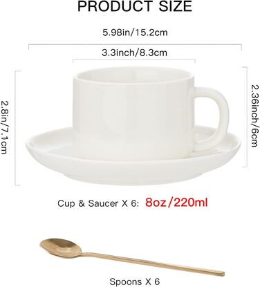 Набір кавових чашок і блюдець Porzellan (4 шт.), з золотою ложкою, 220 мл, кераміка. Чашки капучино для чаю, еспресо (білий)
