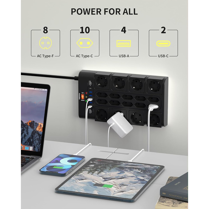 Многорозетка на 18 розеток з USB (4 USB-A, 2 USB-C), мережевий фільтр, 3680W, 2100J, 2 м кабель, для офісу та дому