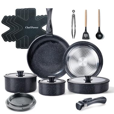 Набір посуду Chef Power Keramik Rock Stone Black 19 предметів з антипригарним покриттям, для індукції, посудомийної машини та духовки, знімні ручки
