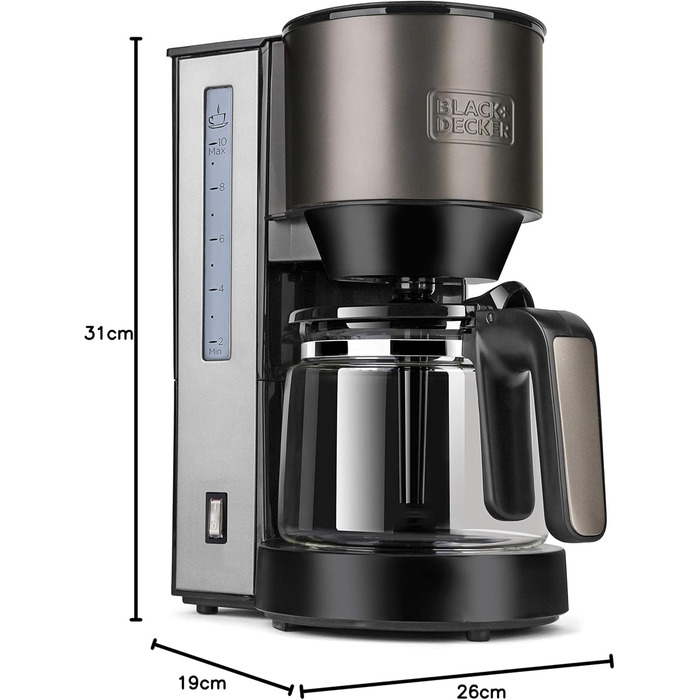 Кавоварка BLACK+DECKER BXCO870E, 870 Вт, 1,25 л, 10 чашок, з підігрівом, без перемішування, нержавіюча сталь
