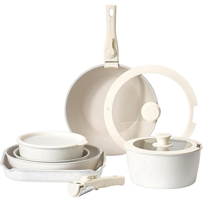 Каструля VEVOR з кришкою з термостійкого скла, антипригарна, індукційна, для кухні кемпера, приготування соусів та смаження (біла, зі знімною ручкою)