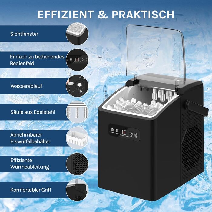 WOLTU 1.3L Ice Cube Maker Machine - Portable Ice Maker with Handle, Self-Cleaning, 2 Sizes, for Home, Camping, Office - Black
