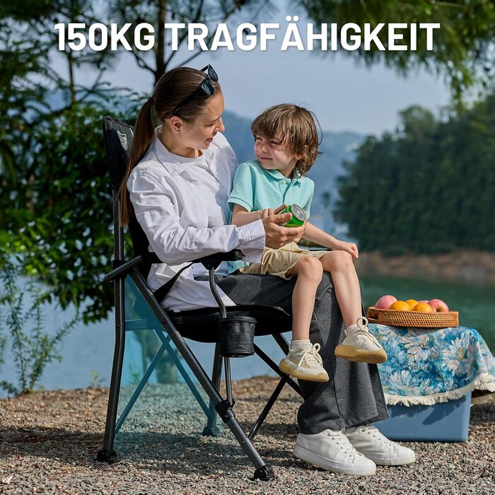 Складний туристичний стілець Timber Ridge 150 кг, висока спинка, з підлокітниками, для відпочинку, риболовлі, пікніків, саду, балкону та спортивних заходів. Чорний колір.