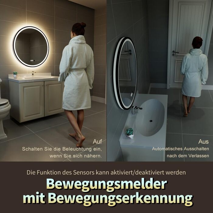 LED дзеркало з сенсором, круглий, індукційне, для макіяжу, з підсвічуванням, регульоване, антизапарник, водонепроникне IP44, для ванної кімнати, настінне, діаметр 70 см