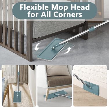 Швабра з відром Aifacay – покращена модель, безкоштовне натискання, гнучкий на 360° наконечник з 3 мікрофібровими накладками, подовжена ручка з нержавіючої сталі 150 см для миття підлоги