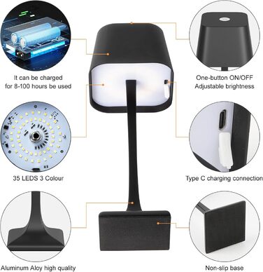 LED настільна лампа бездротова диммируемая торканням - 3 колірні температури, 5200mAh акумулятор, зарядка USB-C, водонепроникність IP54, алюміній, для дому та вулиці, нічник, настільна лампа для їдальні, робочий стіл (чорний)