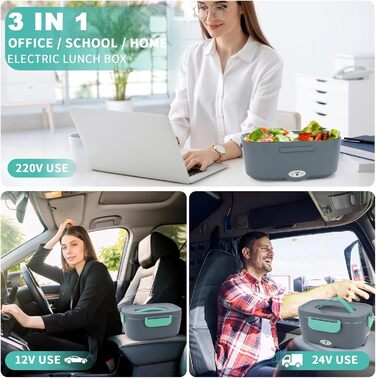 Електрична ланчбокс-підігрівач їжі 3-в-1 (12V/24V/220V) 1,5L з виделкою та ложкою, 80W, знімний нагрівальний елемент з нержавіючої сталі, для авто, вантажівки, дому, кемпінгу