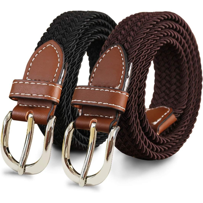 Еластичний жіночий/дівчачий ремінь 2.5 см, плетіння, для джинсів та суконь, 2 шт. (Чорний/Кава, M/91/96 см)