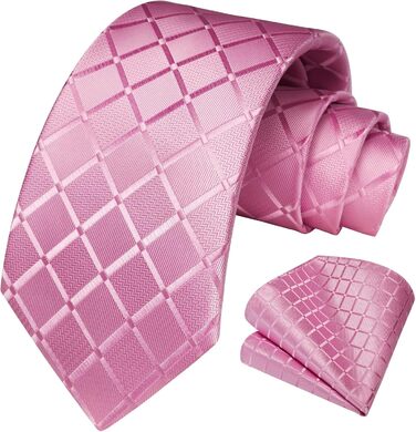 HISDERN Комплект краватки та нагрудного хустинки в клітинку для чоловіків (K Рожевий)
