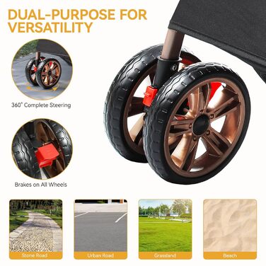 Візок для собак DWVO 3-в-1: візок, переноска, сумка для транспортування. Підходить для собак та котів до 22 кг. Зручний, складаний, з міцними EVA-колесами, кошиком та сітковими віконцями. Розміри: 58,5x76x105 см. Чорний колір.