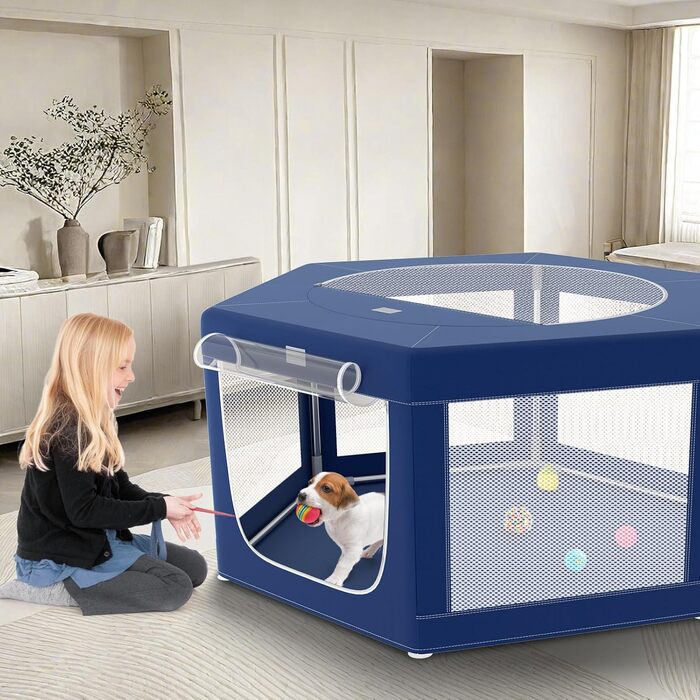 Шестигранний вольєр для собак, 114 см, м'який вольєр для цуценят з тканини 600D Oxford, стабільна конструкція з товстих нержавіючих труб, 65,6 см висота, вольєр для собак та дрібних тварин, колір: морська хвиля