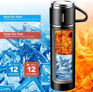 Stainless Steel Thermos Flask with Cup and Handle - 500ml Insulated Travel Mug, Leak-Proof, Double-Walled, Vacuum Insulated, Hot/Cold for Kids, Sports (Black)