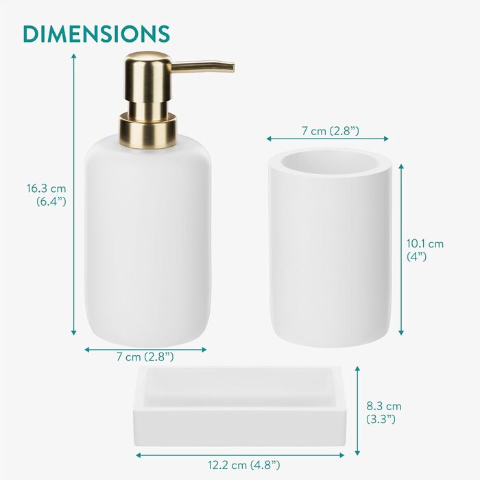 Набір для ванної кімнати Navaris 3 шт. - Дозатор мила, стакан для зубної пасти та мильниця. Декоративні аксесуари для ванної кімнати з штучного полімеру, матове покриття (білий)