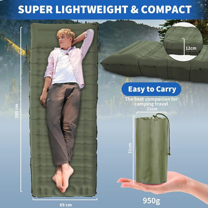 Airminti Self-Inflating Camping Mat - 12cm Thick, Lightweight Air Mattress with Foot Pump & Pillow, Outdoor Sleeping Pad for Camping, Hiking, Beach & Festival - Olive Green