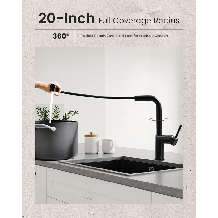 Кухонний змішувач Appaso, висувний, чорний, з 2 режимами струменя, 360° поворот, для кухні | Нержавіюча сталь, матовий чорний