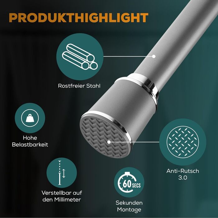 Штанга для штор 120-170см, сіра, Ø 32 мм, без свердління - для вікон, кімнат, кухні