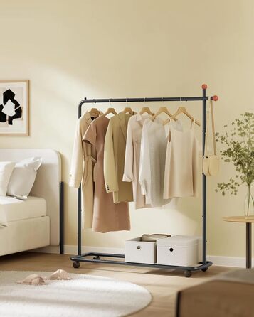 SONGMICS HOME Clothes Rack with Wheels, Coat Rack, 2 Clothes Rails, Shelf, Side Organizer, Matchstick-Shaped Hooks, Stable, Bedroom, Hallway, HSR171B01 (39W x 154.6H cm, Ink Black)