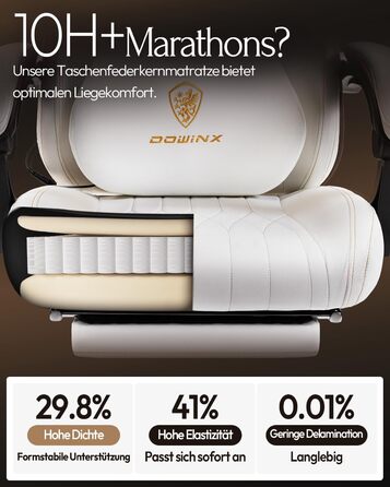 Ігровий крісло Dowinx з масажем, ергономічний дизайн, підтримка попереку та шиї, до 135 кг, шкіра, для дорослих (білий)