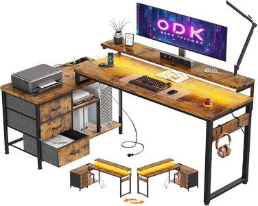 Кутовий стіл ODK з шухлядами, білий, з полицею, реверсивний, для геймінгу, з підставкою для монітора, комп'ютерний, офісний, для робочого кабінету, спальні (174x100см, коричневий)