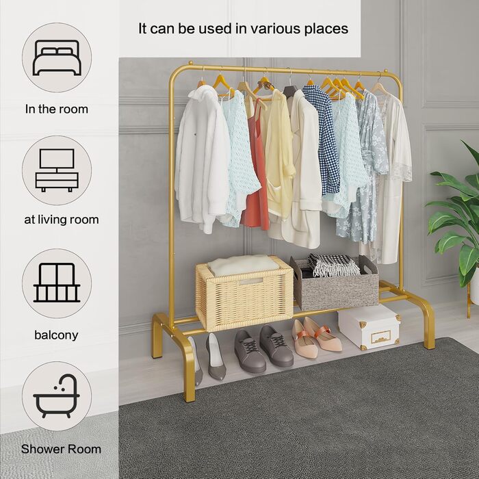 JIUYOTREE Clothes Rack, Coat Rack, Metal Clothes Rod, Durable Clothes Rod with Bottom Frame for Coats, Skirts, Shirts, Sweaters, White (Gold)