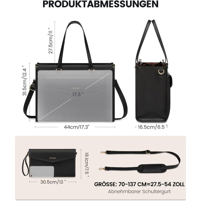 Сумка для ноутбука LOVEVOOK жіноча водонепроникна, сумка для роботи та навчання, бізнес-портфель, 17.3 дюйми, чорний/бежевий/коричневий