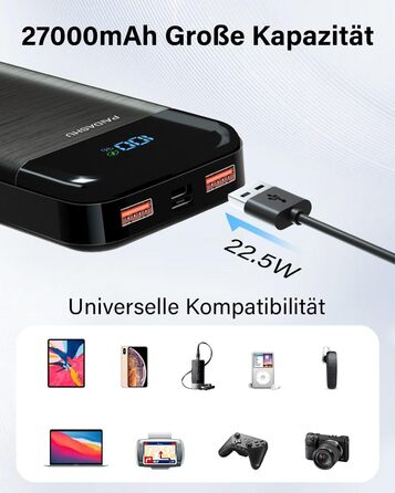 Портативний зарядний пристрій Power Bank 27000mAh з LED дисплеєм та 3 виходами, 2 входами, швидка зарядка 22,5W/PD20W, USB-C