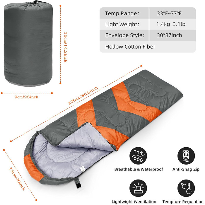 Zusentee 4-Season Sleeping Bag - Waterproof, Lightweight, Ultralight Sleeping Bag for Adults & Kids - Camping, Hiking, Travel (Dark Grey)