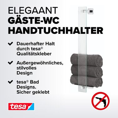 tesa ELEGAANT Towel Rail for Guest WC, including adhesive solution, elegant design, metal, chrome-plated, guaranteed rust-free, 180mm x 668mm x 128mm