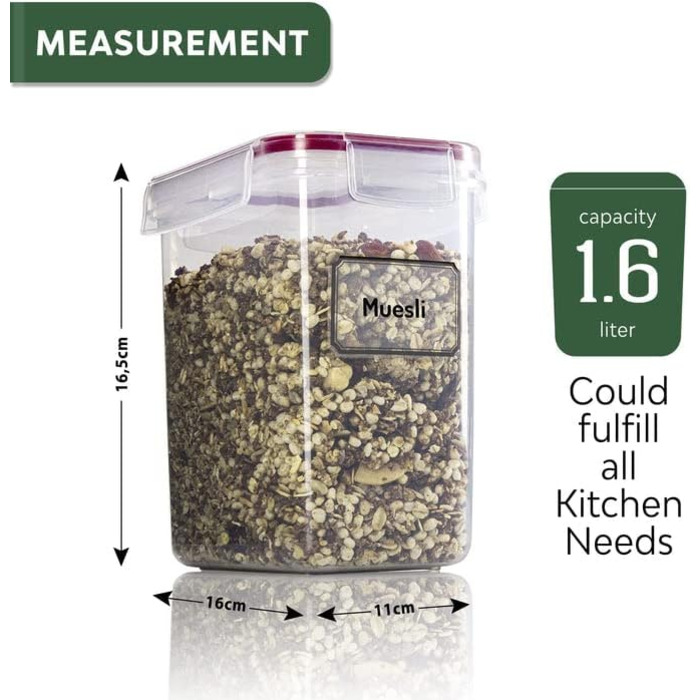 TNM Storage Container Set (4x1.6L), Airtight Food Storage Boxes for Kitchen - Plastic Containers with Lids, Cereal Dispenser & Freshness Containers, BPA-free Plastic, Storage for Noodles, Cereal, Rice, Flour - Coloured Food Container 1.6l