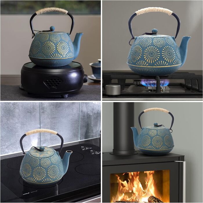 MILVBUSISS Cast Iron Teapot, 1200 ml, Large Capacity, Stovetop Kettle with Infuser, Japanese Teapot for Loose Leaf Tea, Coated with Enamelled Interior, Silicone Handle