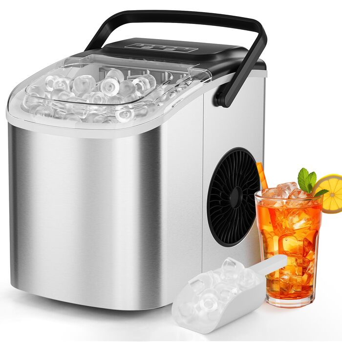 Машина для приготування льоду, 12 кг/24 год, 9 кубиків за 6 хвилин, 2 розміри кубиків, з нержавіючої сталі, самоочищення, з лопаткою та кошиком, для кухні, офісу, бару та вечірки