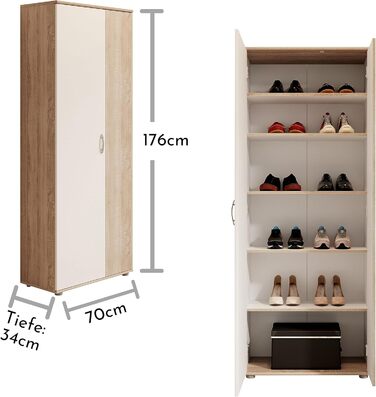 Stella Trading 3 Shoe Cabinet Tall, White - Versatile Multi-Purpose Cabinet with Adjustable Shelves - 70 x 176 x 35 cm (W/H/D) (Sonoma Oak / White)