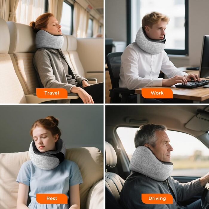 Подушка для шиї у подорожах: м'яка, з memory foam, для автомобіля та літака, з навушниками та маскою для сну (світло-сіра)