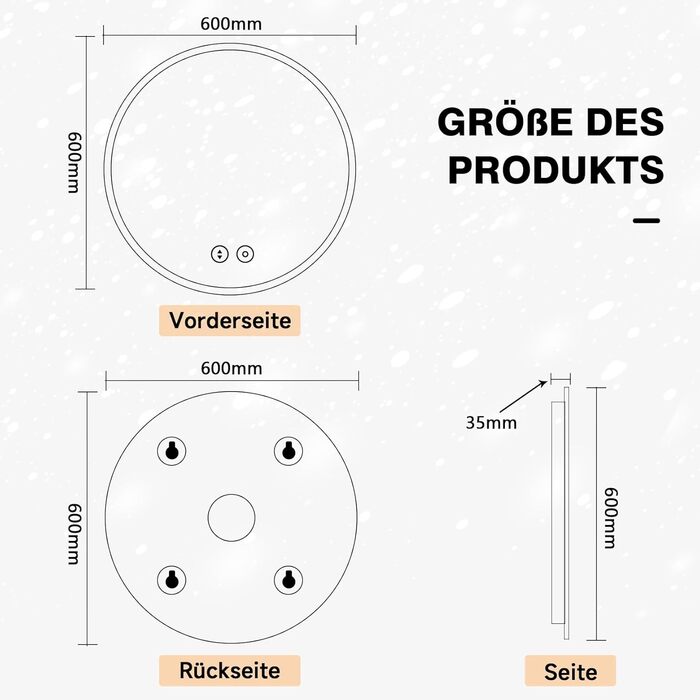 Круглий дзеркало для ванної кімнати YOLEO з підсвічуванням, 60 см, сенсорне керування, захисне скло, 3 кольори світла, регулювання яскравості, 60x60 см