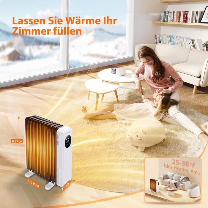 Електричний масляний радіатор Aigostar 2500W з пультом керування, 13 ребер, термостат, 3 режими нагріву, ECO режим, таймер 24г, LED дисплей, захист від перекидання та перегріву