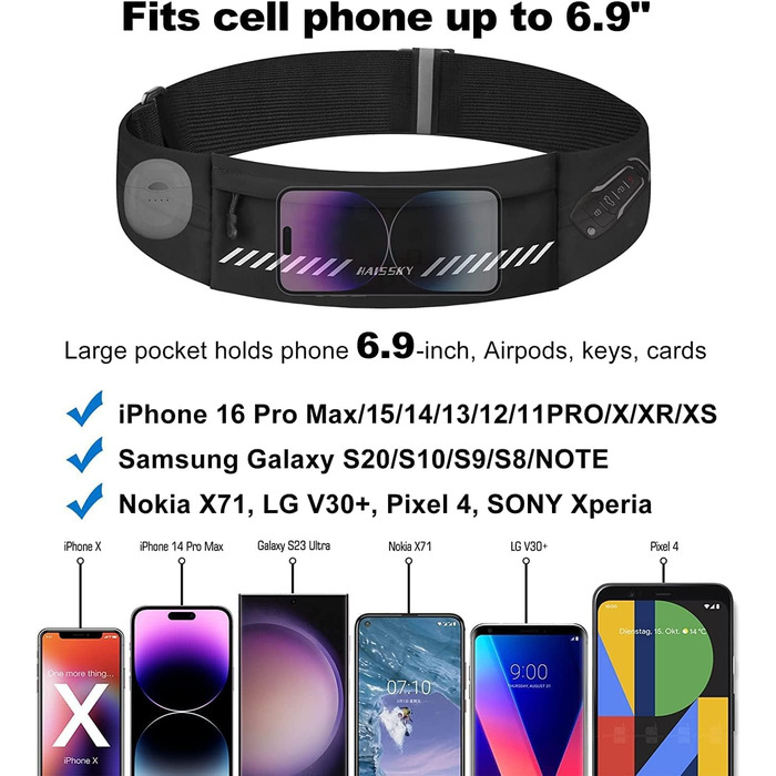 Водонепроникний поясний ремінь для телефону з 3 кишенями, спортивний пояс для бігу, бананка для чоловіків та жінок, чорний (7.0