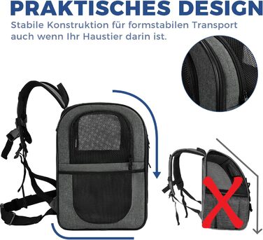 Рюкзак для собак та котів Apollo Walker - для малих тварин (2-15 кг), з підтримуючим каркасом, дихаючий, сірий - для походів, подорожей, активного відпочинку