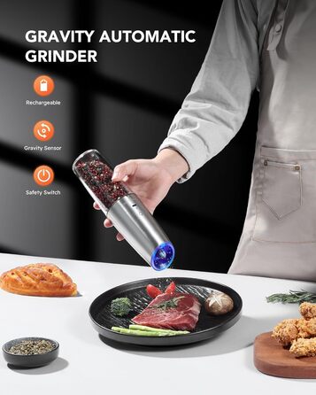 Електрична млинка для перцю та солі FORLIM, USB заряджання, 9oz, з LED-підсвіткою, регульований помел, автоматична, з нержавіючої сталі, срібляста