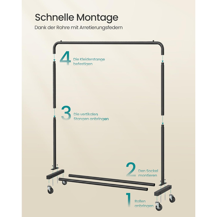 SONGMICS Кільцева вішалка для одягу на коліщатках, чорна, 38 x 110 x 141,5 см, до 50 кг, HSR016BH01