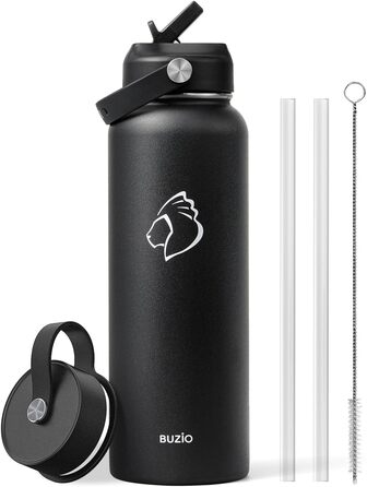 Insulated water bottle, 2 l, stainless steel, with straw lid and Flexseal closure, keeps cold for 48 hours, hot for 24 hours, double-walled, wide opening, BPA-free, leak-proof, (1180 ml, Black)